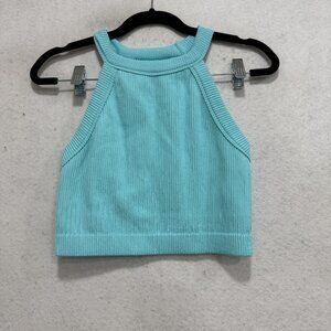 Aerie Tank Top Womens Large Blue Ribbed High Neck Cropped Knit Stretch Casual